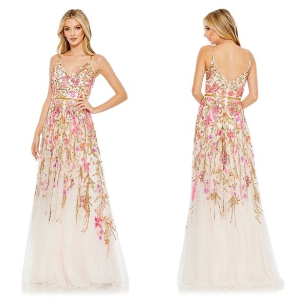Mac Duggal 5671 Size 16 V-Neck Oyster Floral Embellished Spaghetti Strap Gown